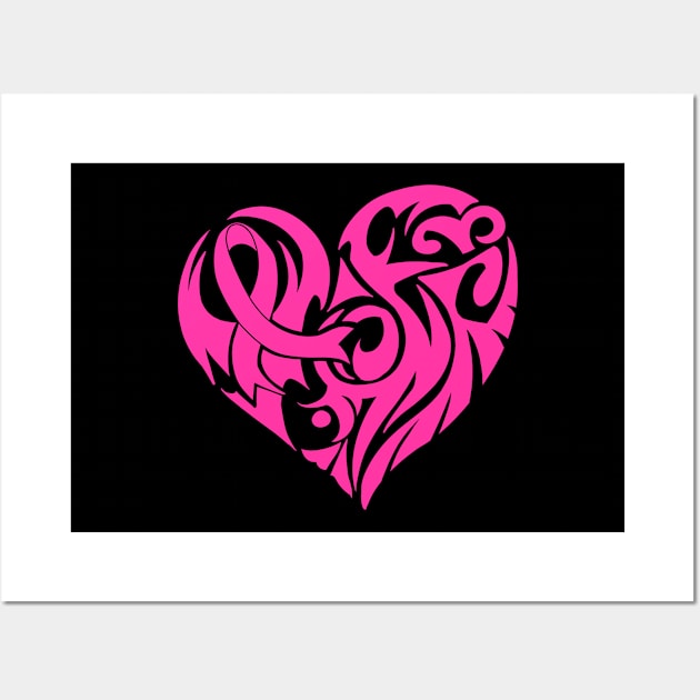 Support Breast Cancer Awareness Pink Ribbon And Heart Print Wall Art by Linco